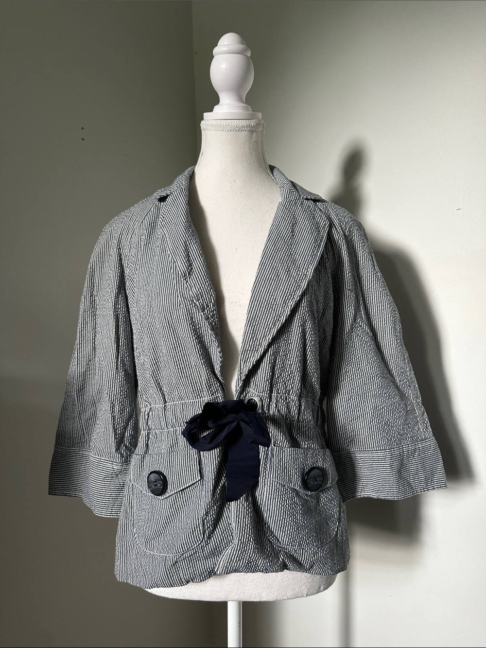 WILLI SMITH Cotton Striped Tie Front Collared Nautical Coastal Jacket Medium